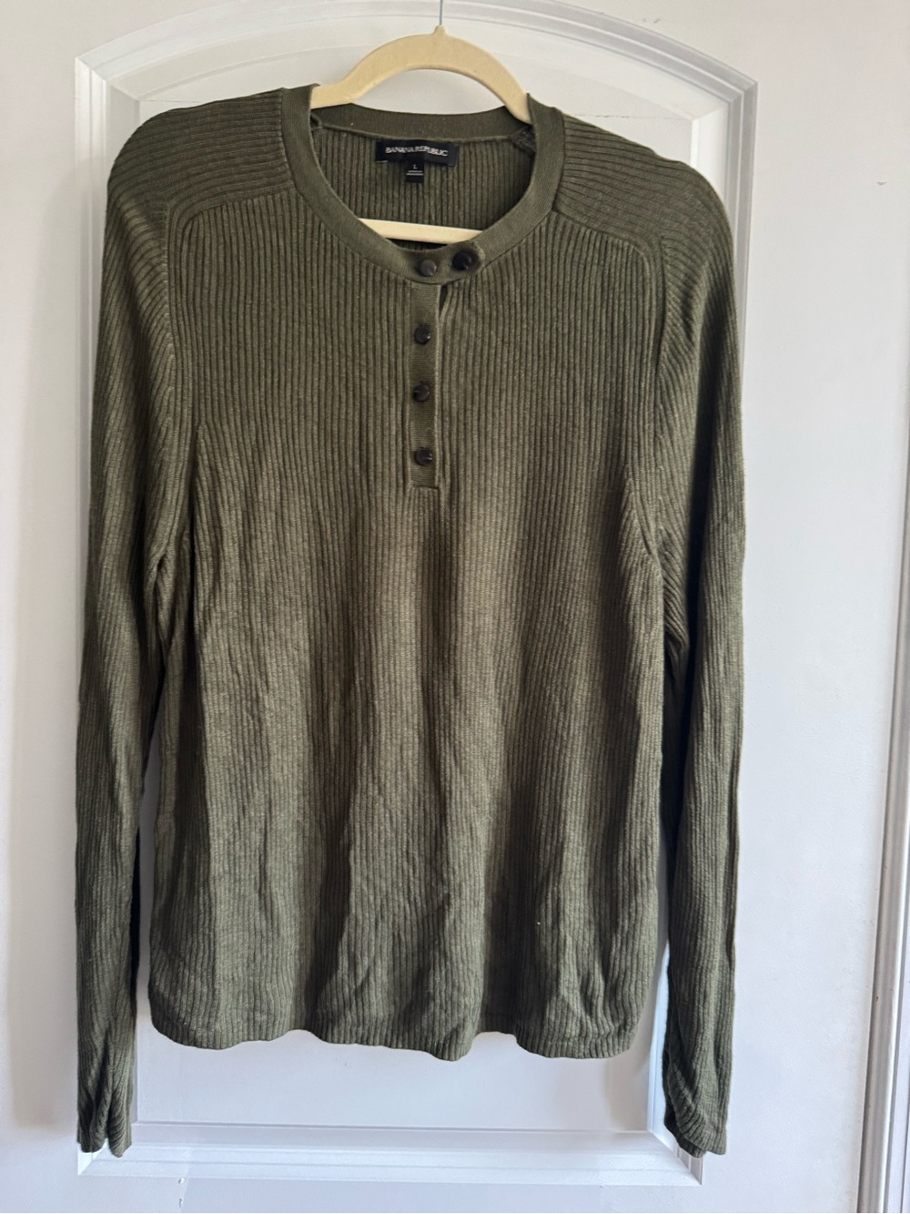 Banana Republic | Rayon Silk Olive Ribbed Henley Long-Sleeve Shirt